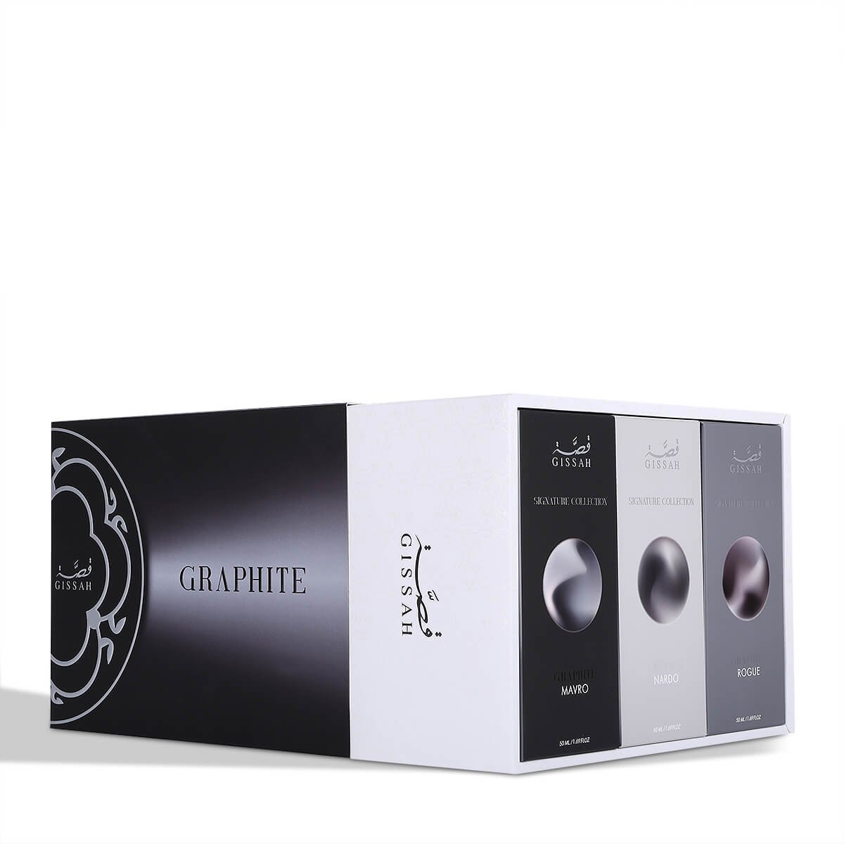 Side angle view of open Gissah Graphite Set – front branding and perfume trio displayed – masculine signature gift set