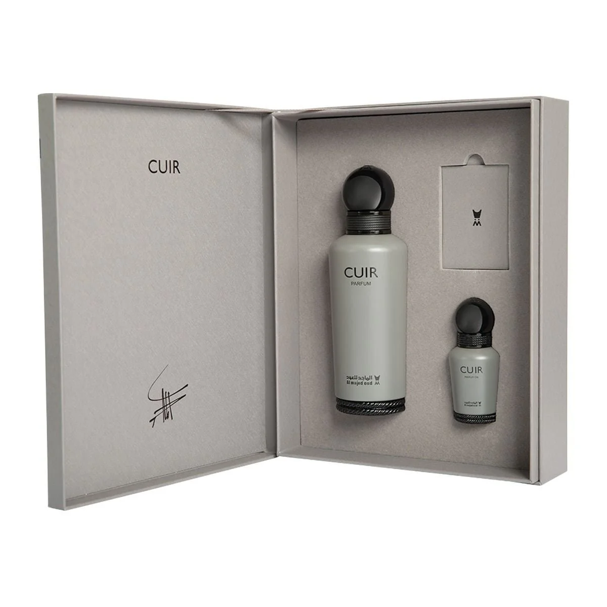 Al Majed Oud Cuir gift set open box angled view showing perfume and oil, premium gift set UK