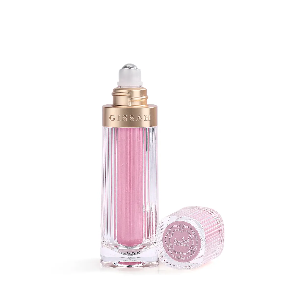 Gissah Eternal Bloom roll-on perfume oil with lid open on white background, luxury Arabian fragrance UK