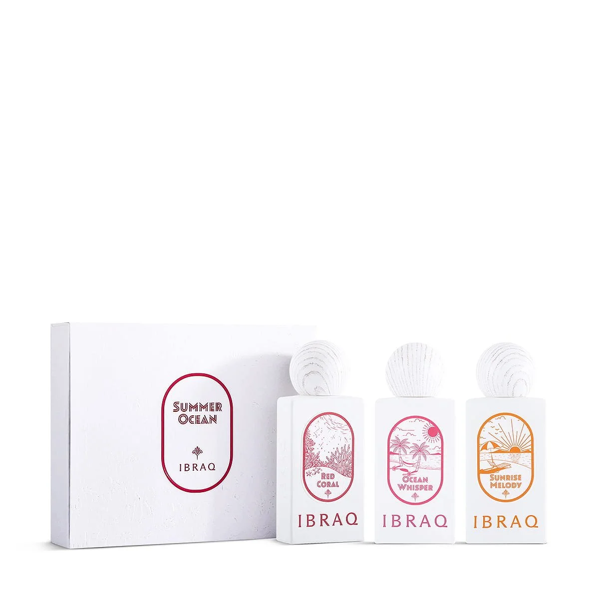IBRAQ Summer Ocean Set 3x10ml perfumes in front of box, luxury summer fragrance set UK