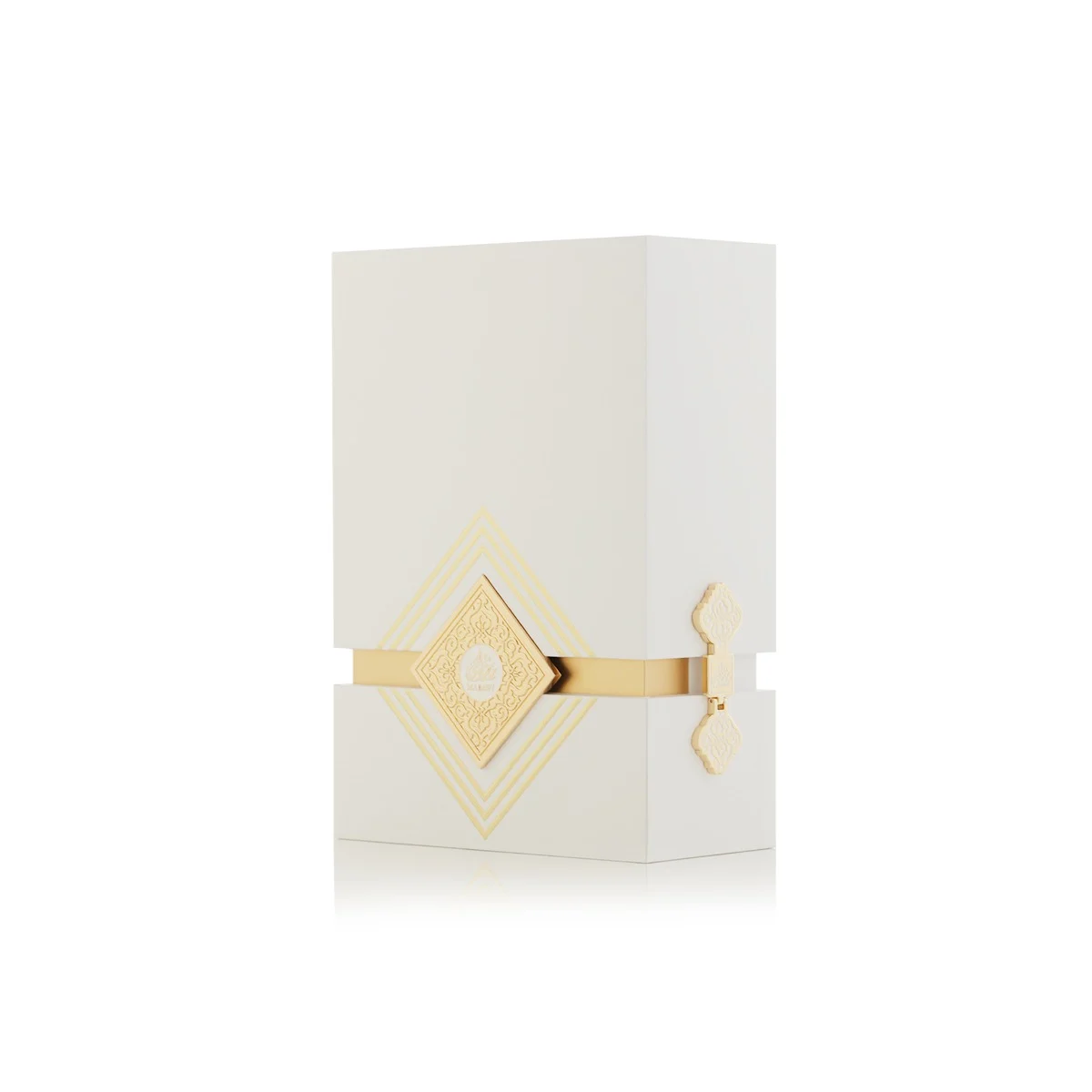 Angled front view of Arabian Oud Madawi White box, premium fragrance packaging UK