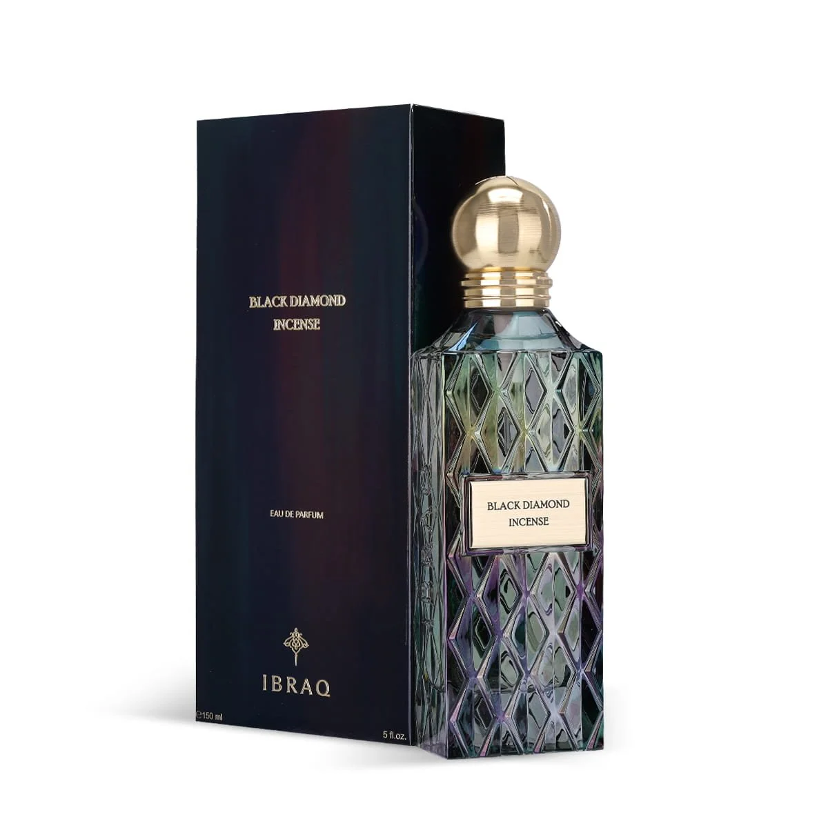 IBRAQ Black Diamond Incense perfume in front of box, premium fragrance UK