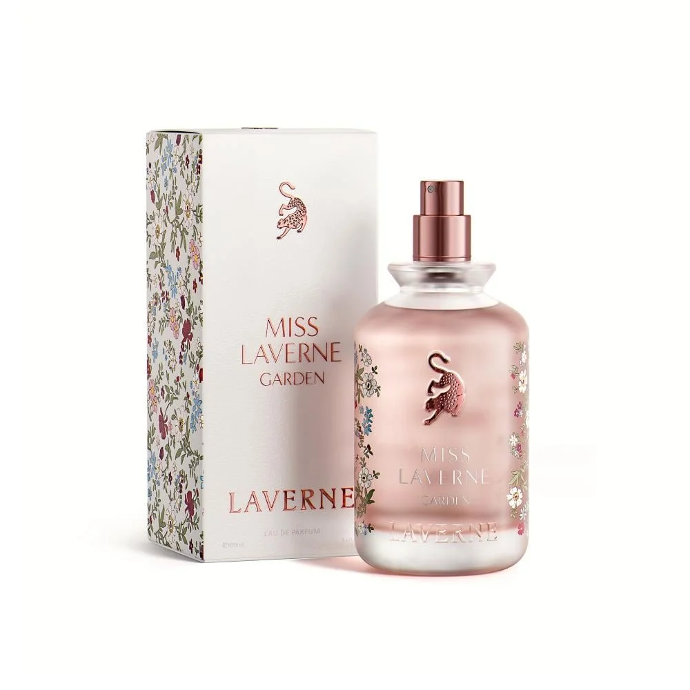 Miss Laverne Garden Eau de Parfum without cap next to box highlighting refined bottle design