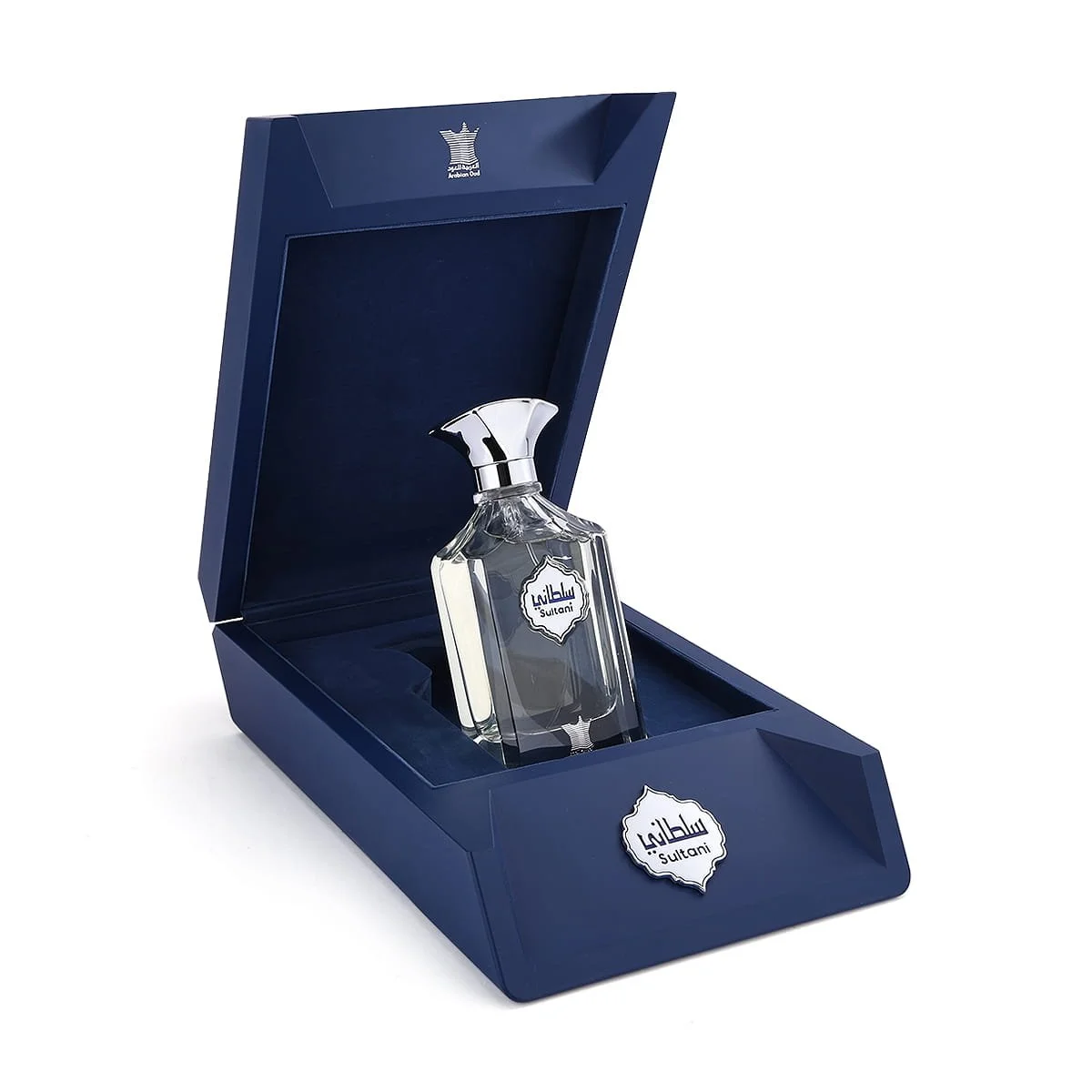 Arabian Oud Sultani perfume inside open luxury box, premium fragrance presentation UK