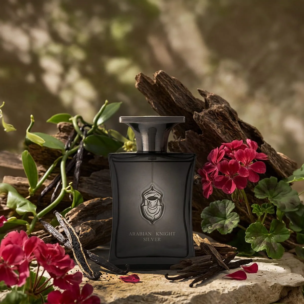Arabian Oud Arabian Knight Silver perfume with geranium, amber and vanilla ingredients, luxury fragrance UK