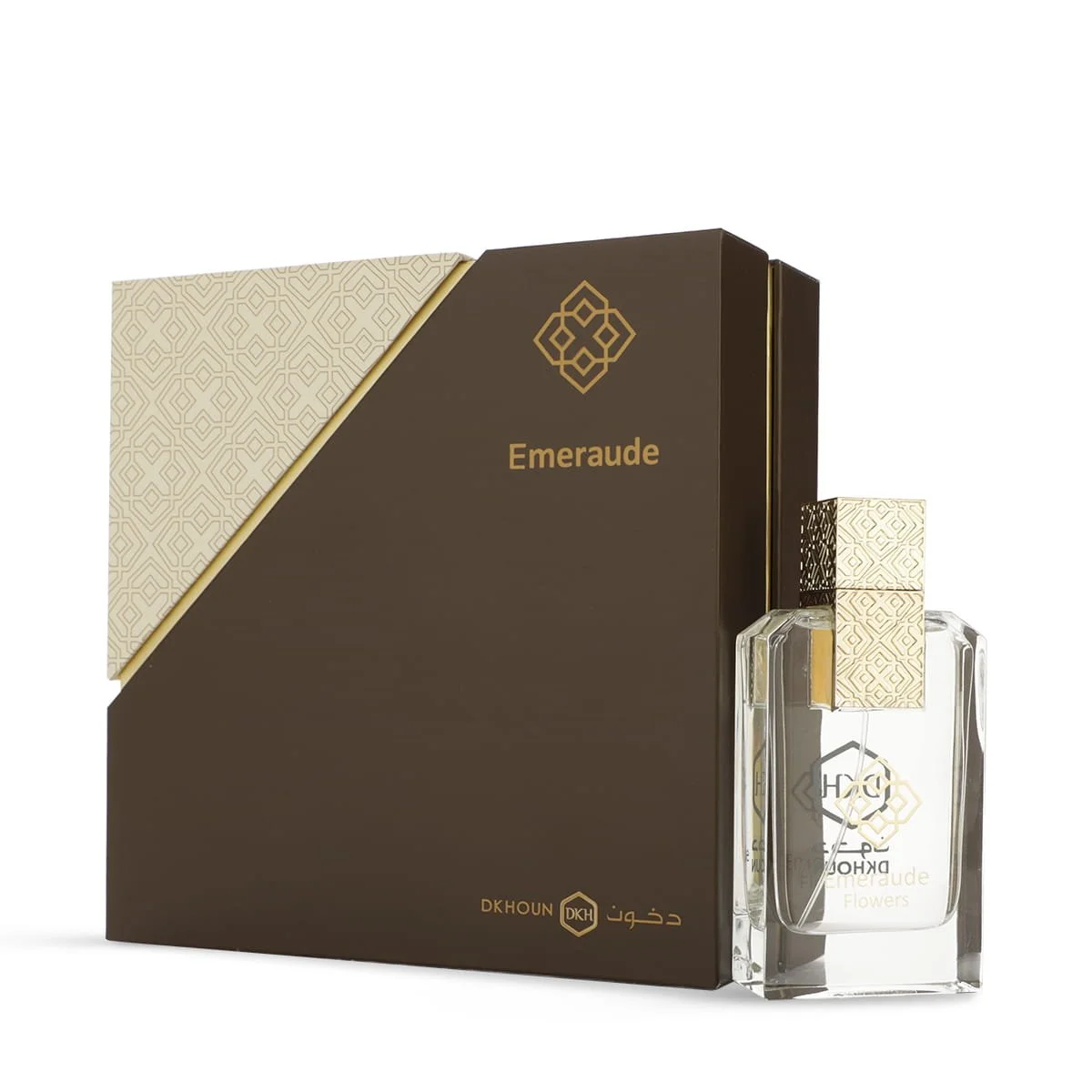 Dkhoun Emeraude Flowers perfume displayed in front of luxury box UK