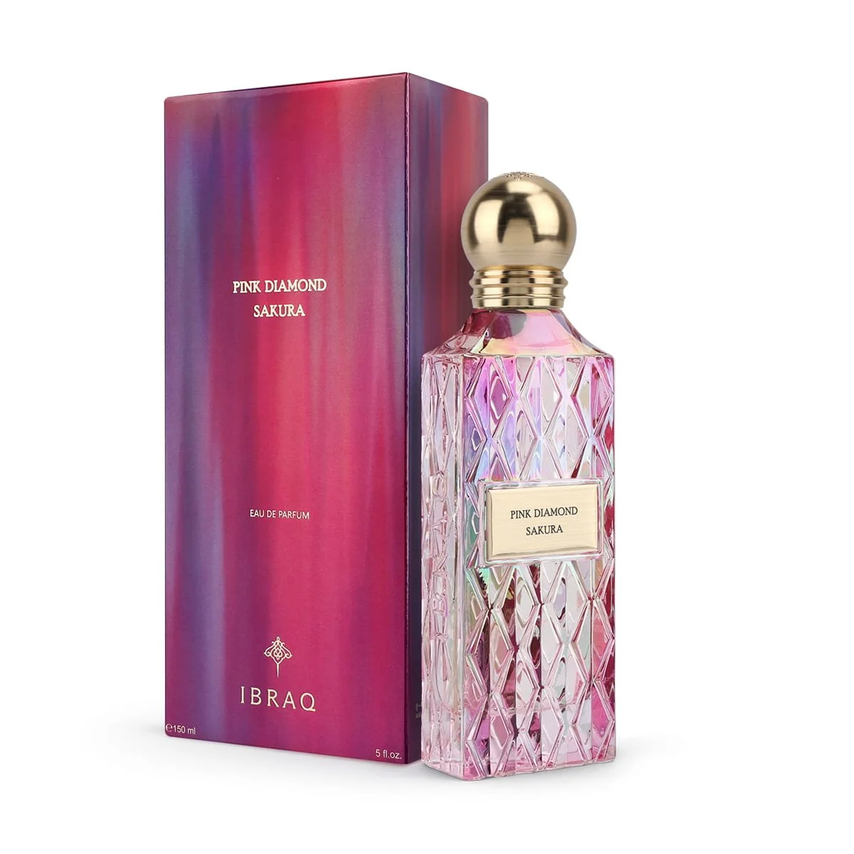 IBRAQ Pink Diamond Sakura perfume in front of box, luxury fragrance UK