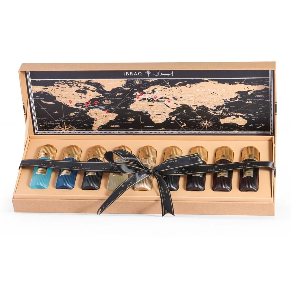 Tobacco Collection perfumes by Ibraheem Al Qurashi inside open box with silk ribbons – limited edition fragrance gift set at Al Rashid Galleria UK