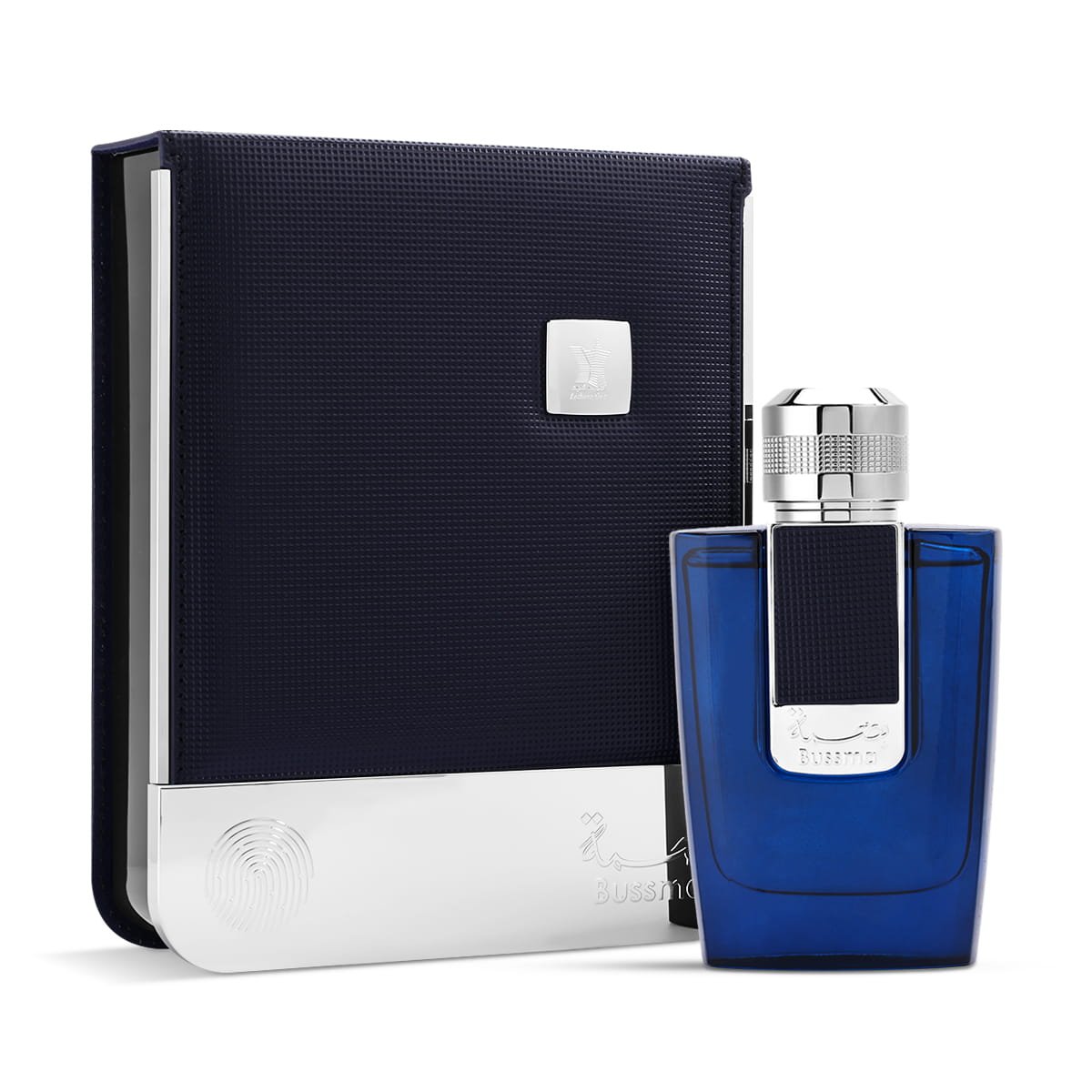 Arabian Oud Bussma Blue Eau De Parfum 95ml beside luxury branded box UK