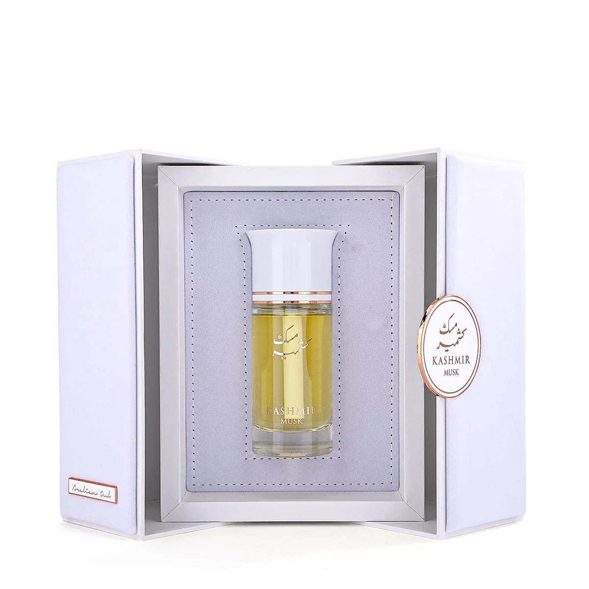 Arabian Oud Kashmir Musk perfume inside open luxury box, premium fragrance presentation UK