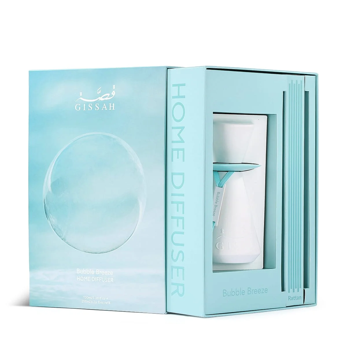 Gissah Bubble Breeze diffuser set inside open box with sticks and case, luxury UK gift