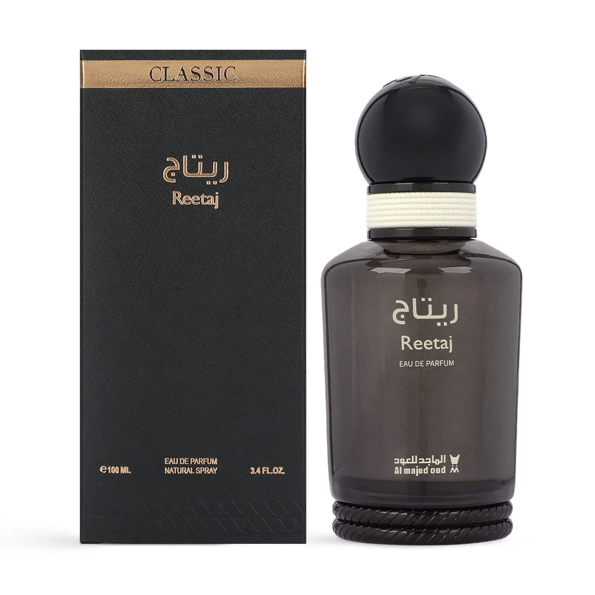 Al Majed Oud Retag Classic perfume 100ml next to luxury case, premium fragrance UK