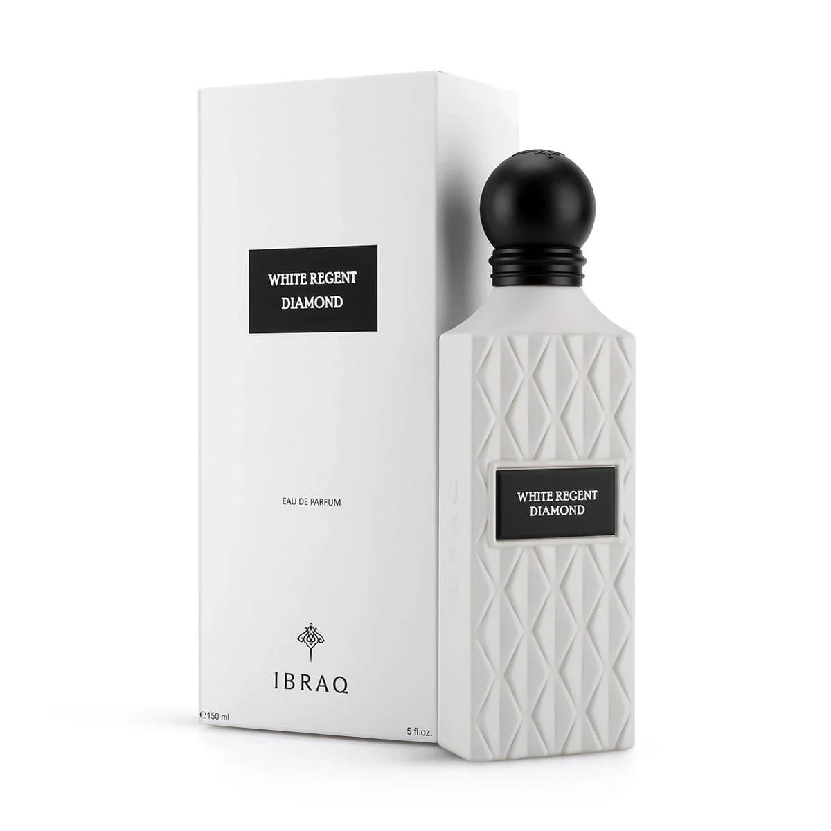 IBRAQ White Regent Diamond perfume 150ml next to box, premium fragrance UK