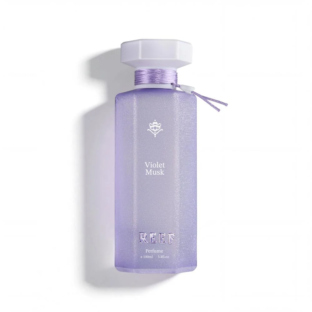 Reef Violet Musk perfume 100ml on white background, floral musky luxury fragrance UK
