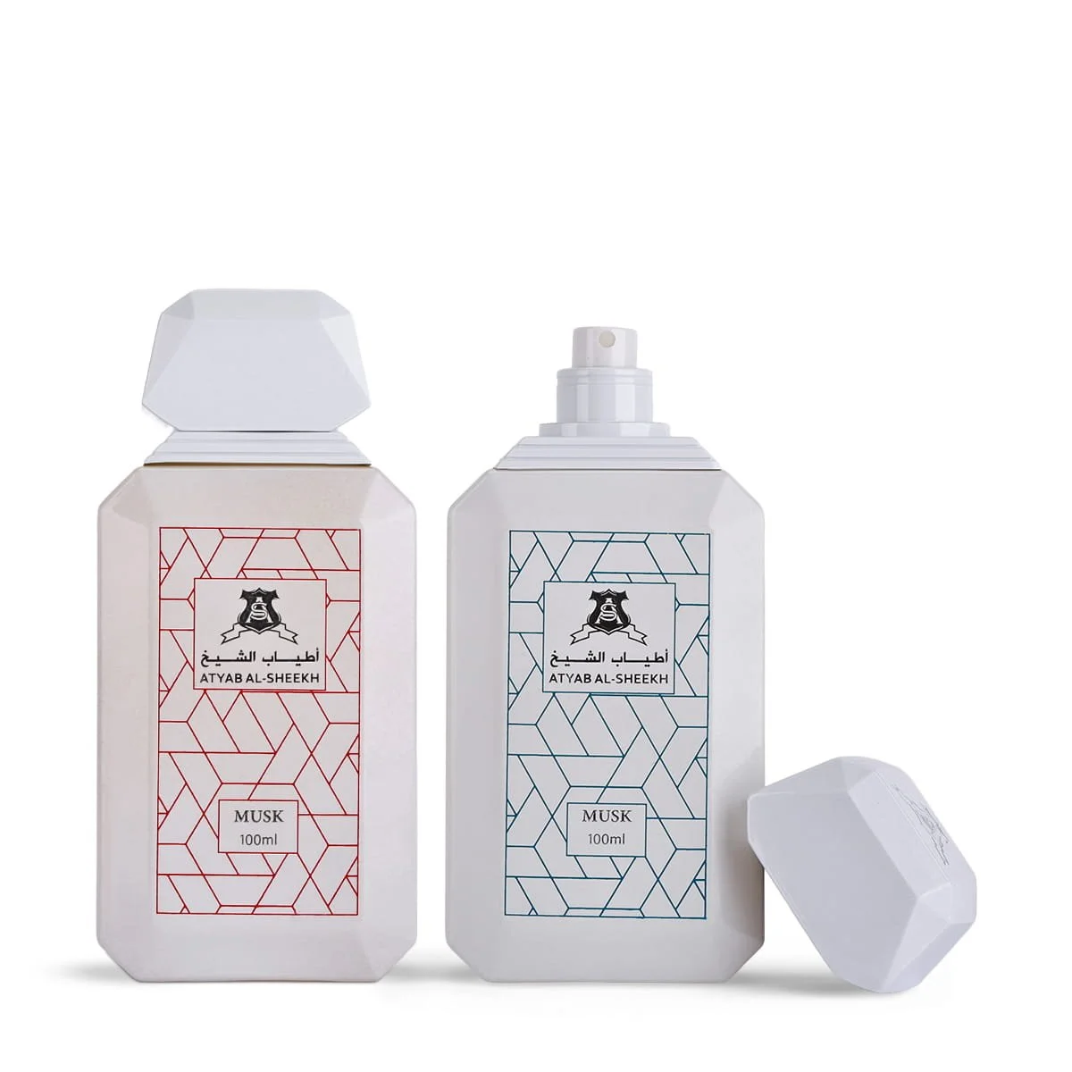 Atyab Al Sheekh Red Musk and Blue Musk perfumes on white background UK
