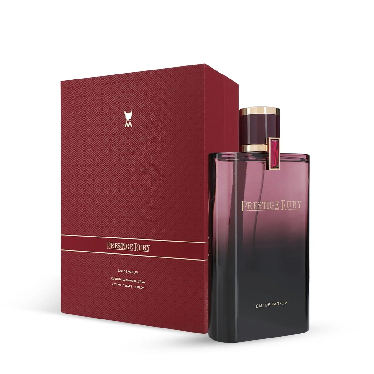 Al Majed Oud Prestige Ruby perfume 200ml next to box, premium fragrance UK