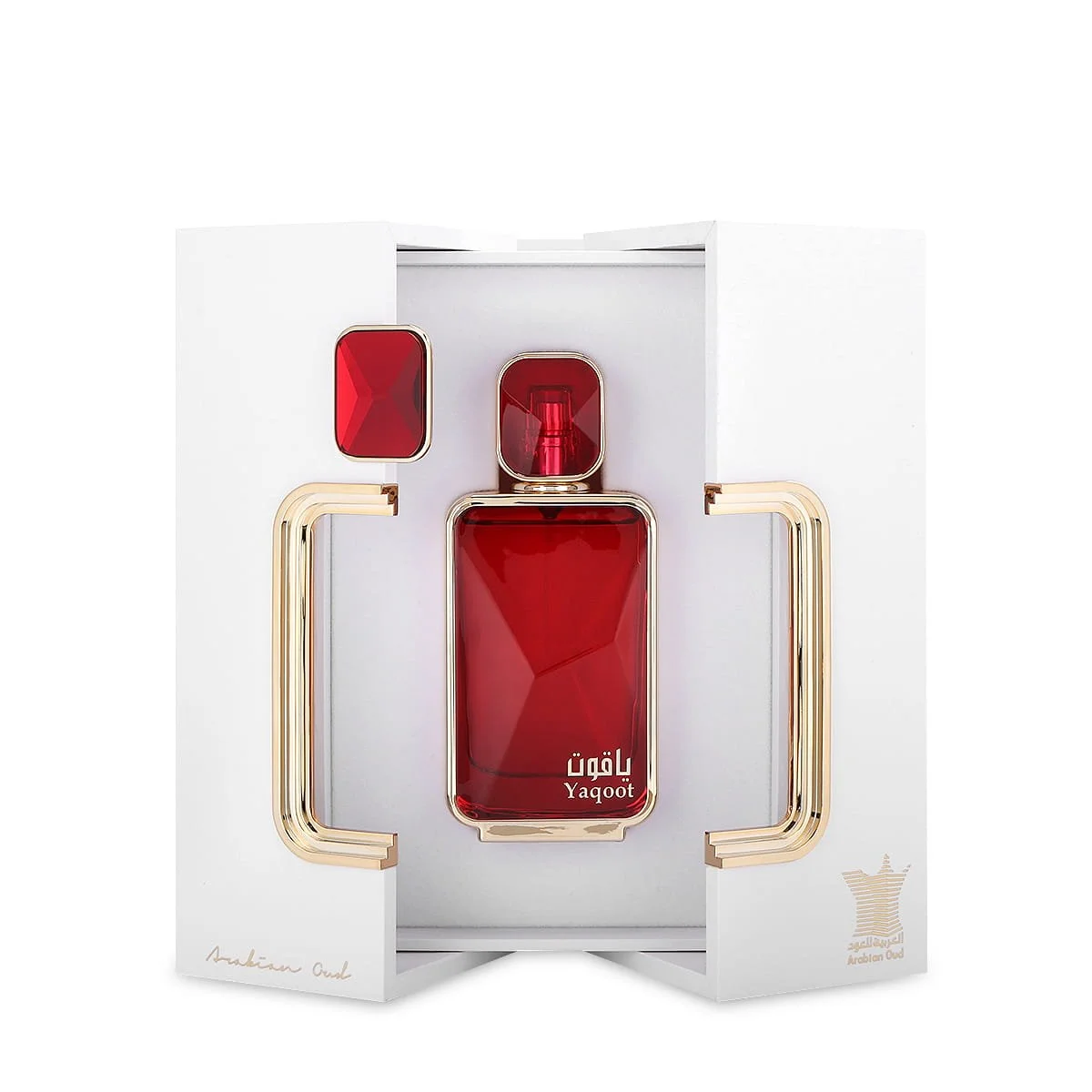 Arabian Oud Yaqoot perfume inside open luxury box, premium fragrance presentation UK