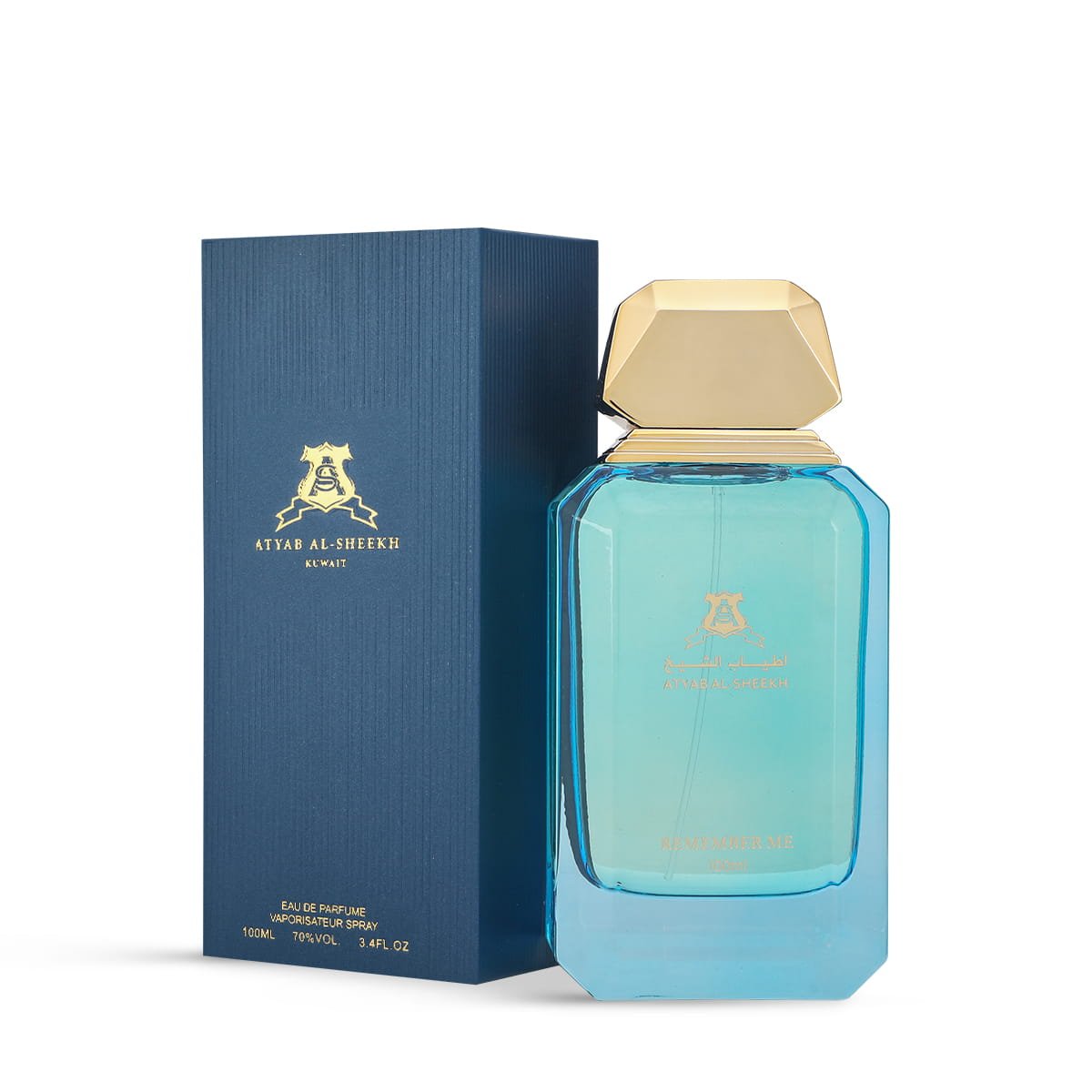 Atyab Al Sheekh Remember Me Blue perfume in front of box, luxury fragrance UK