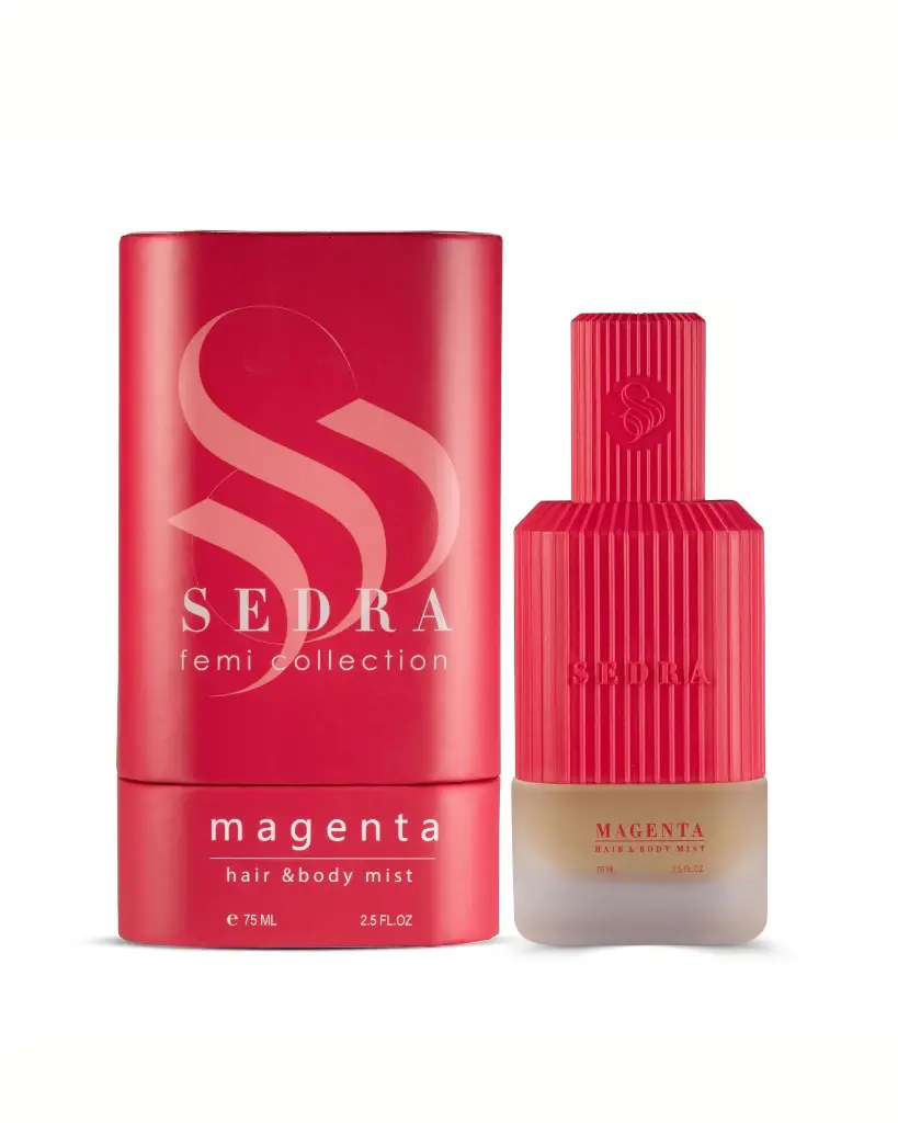 Sedra Magenta hair and body mist next to luxury box, premium cherry vanilla fragrance UK
