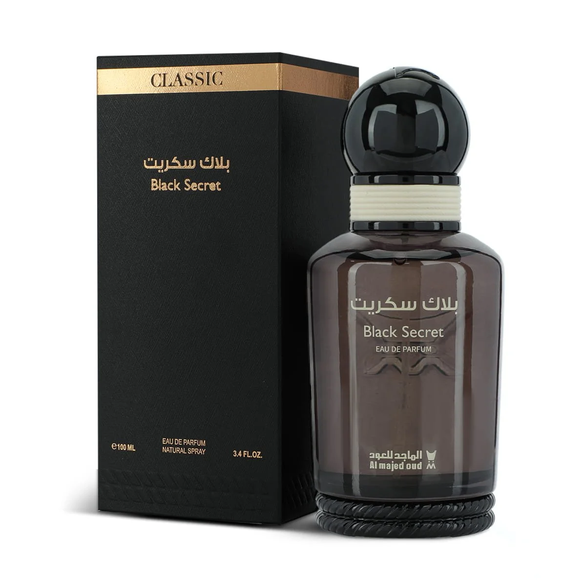 Al Majed Oud Black Secret Classic perfume 100ml next to luxury case, premium fragrance UK