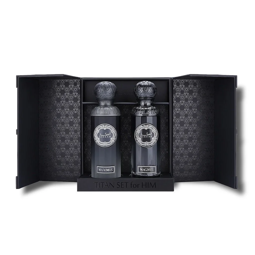 Titan Him by Gissah perfume set inside luxurious black presentation box – two 90ml bottles of Maximus and Magnus.