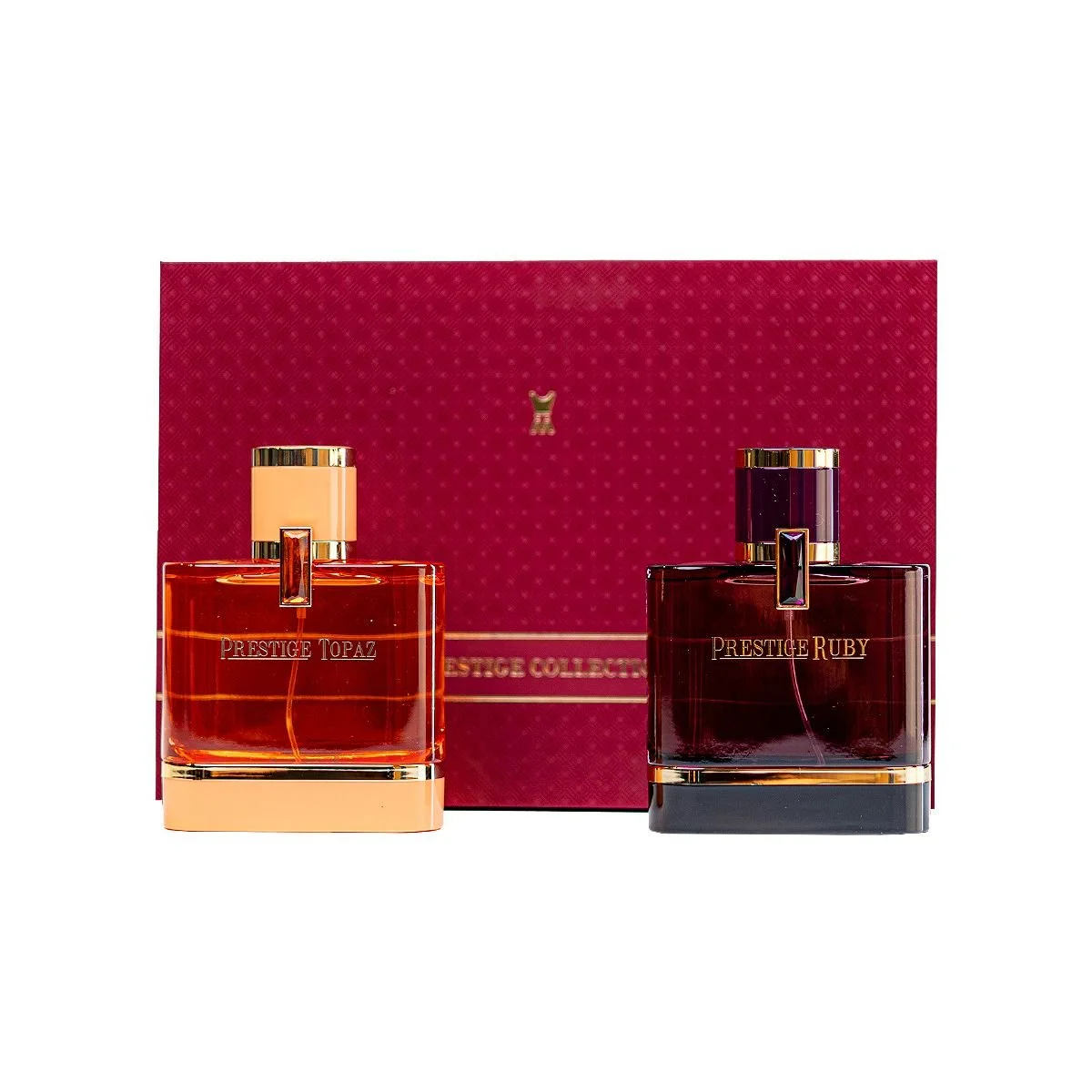Al Majed Oud Prestige Topaz and Prestige Ruby perfumes in front of box, luxury fragrance set UK