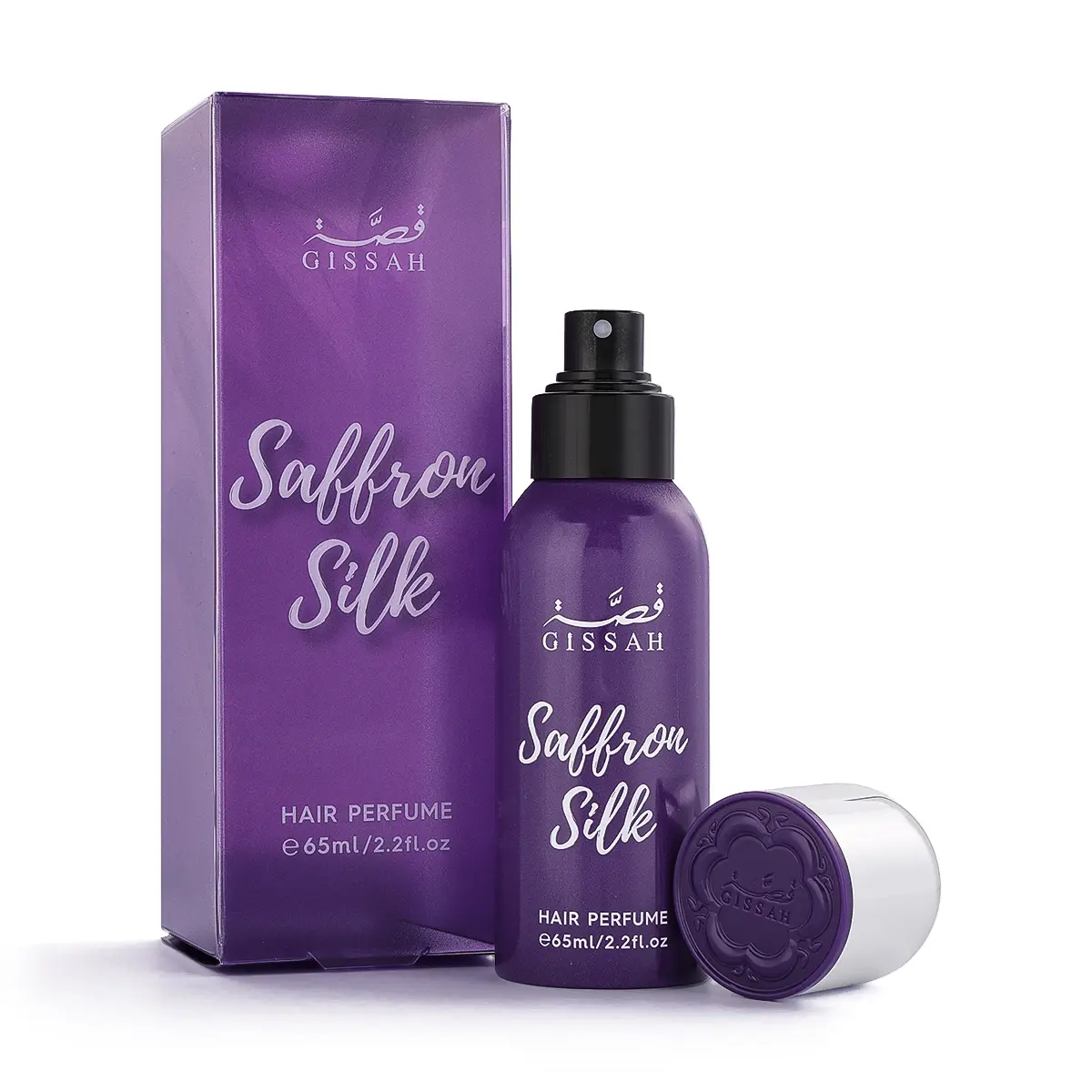 Gissah Saffron Silk hair mist 65ml displayed next to its box, saffron luxury hair perfume UK