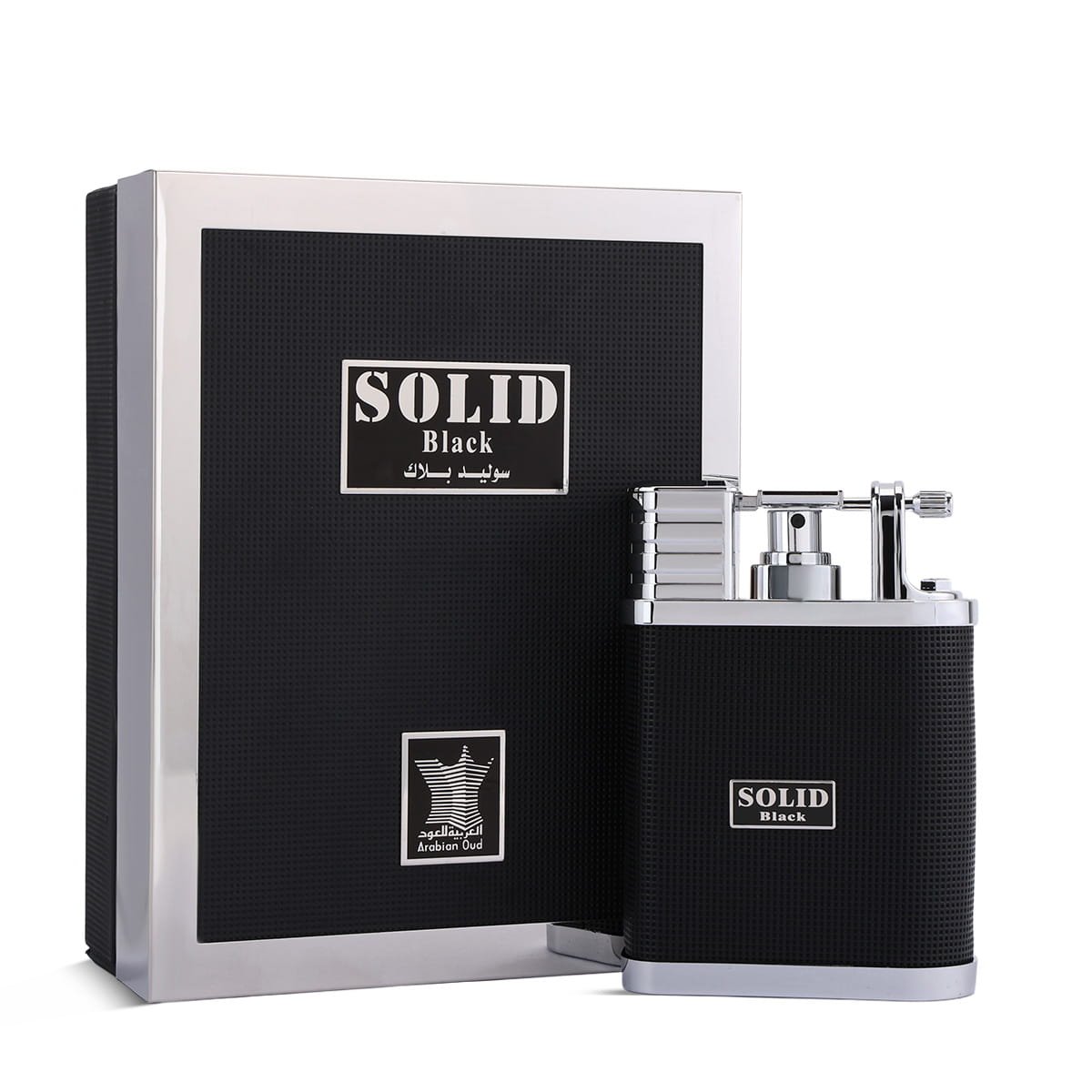 Arabian Oud Solid Black Eau De Parfum 100ml beside luxury branded box UK