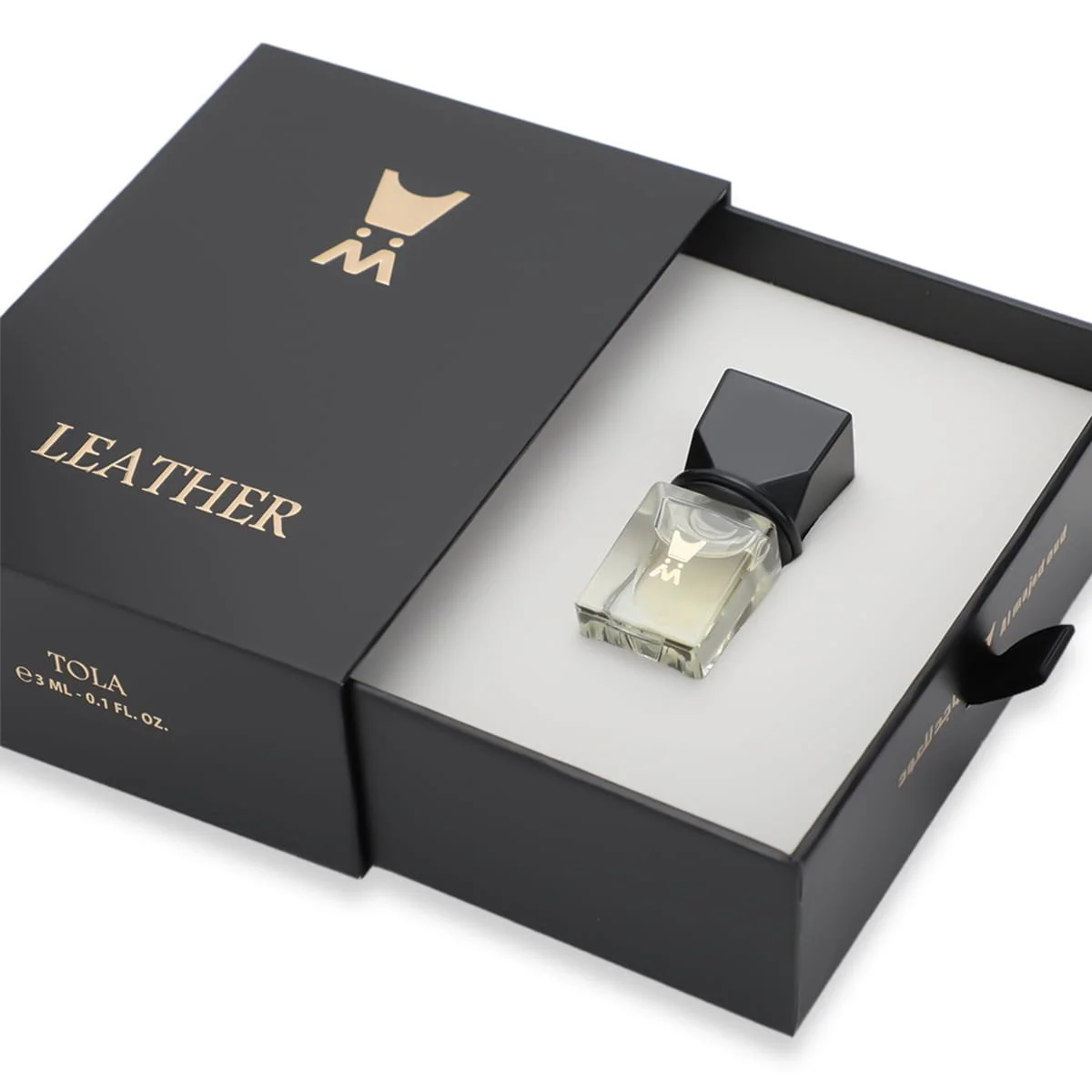 Al Majed Oud Leather Khamriya 3ml inside case, luxury packaging UK