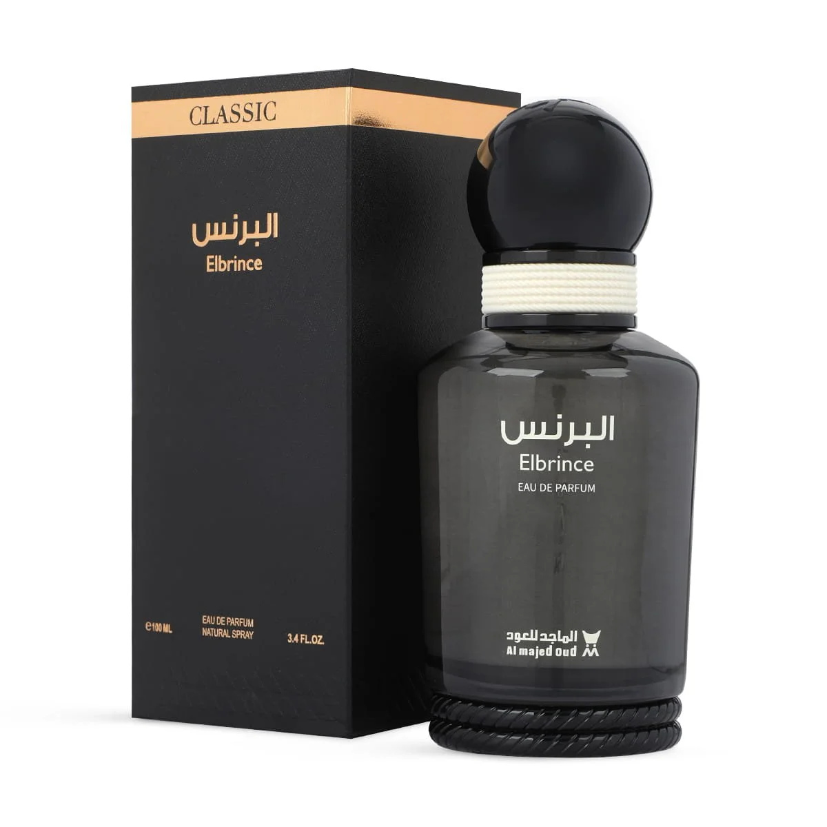 Al Majed Oud Elbrince Classics perfume 100ml next to luxury case, premium fragrance UK