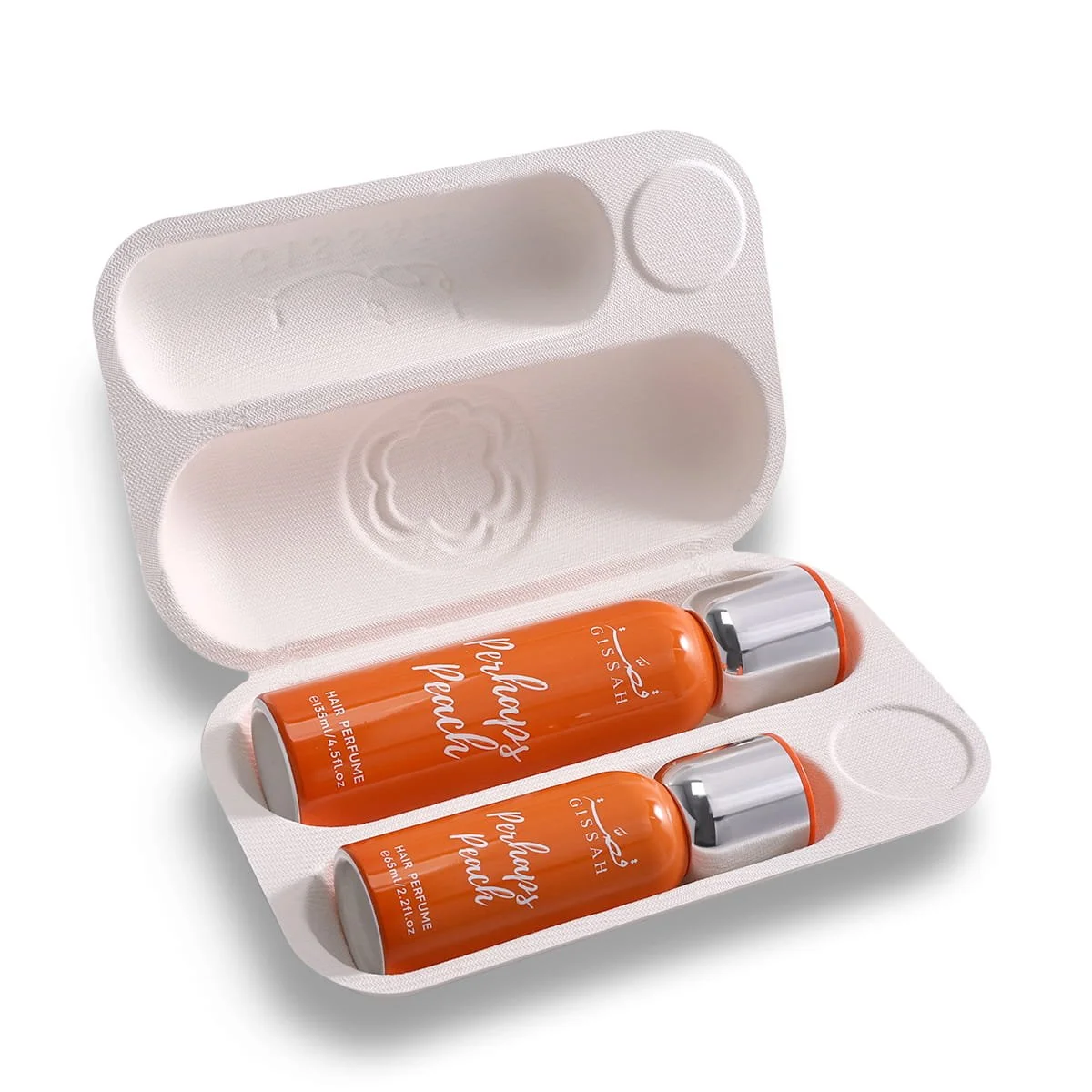 Gissah Perhaps Peach hair mist set inside luxury case, premium UK fragrance gift