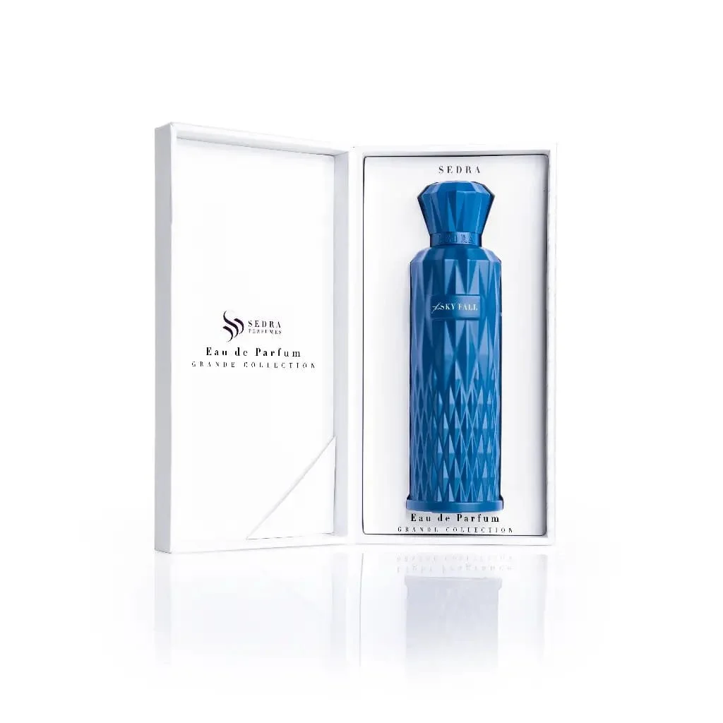 Sedra The Skyfall 200ml Eau de Parfum bottle displayed inside its opened luxury presentation box