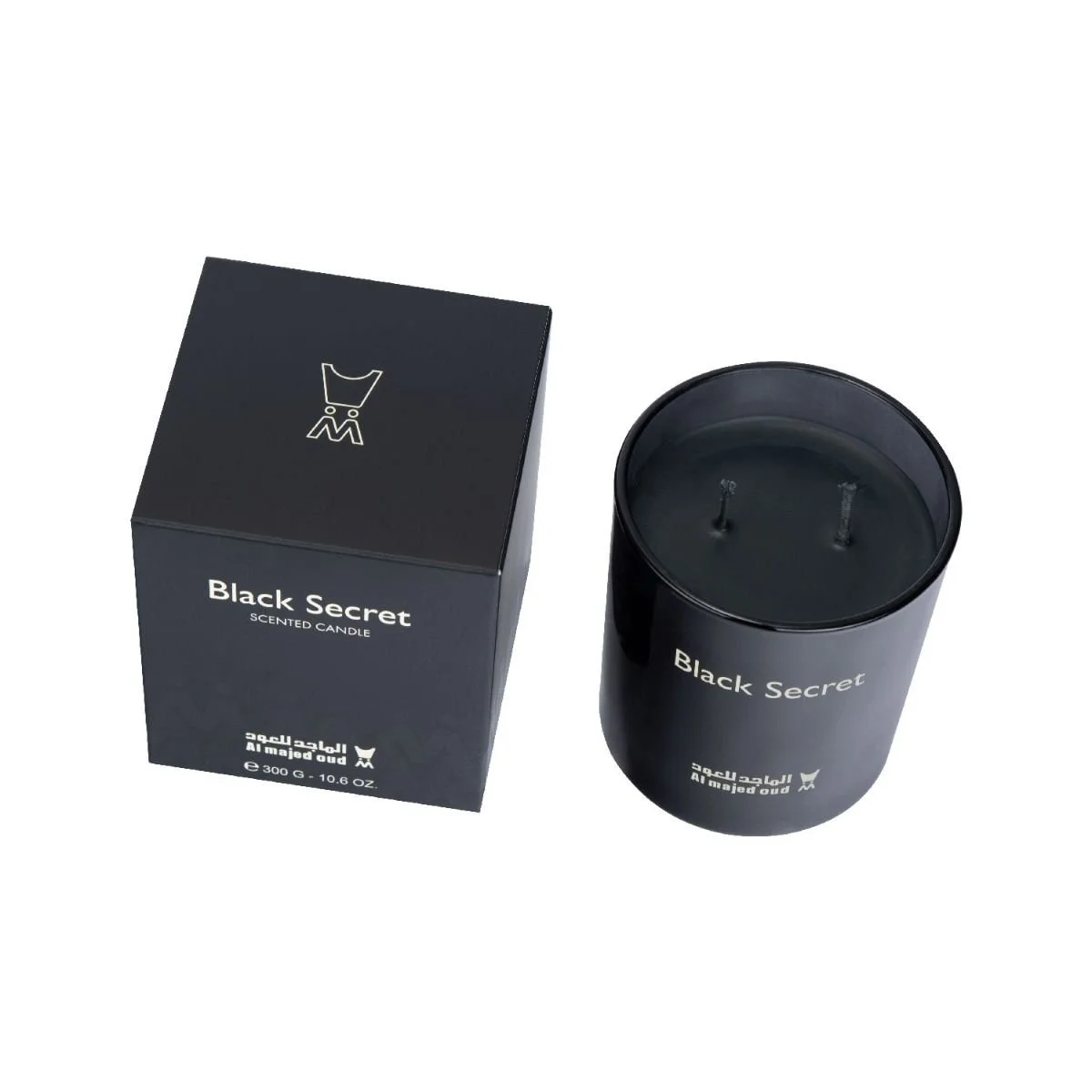 Al Majed Oud Black Secret wax candle 300g next to box, luxury scented candle UK