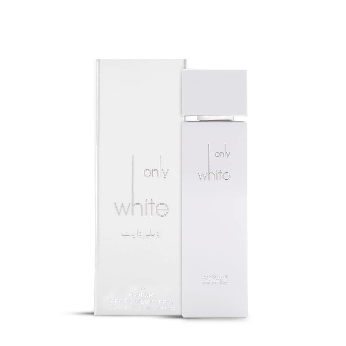 Arabian Oud Only White Eau De Parfum 100ml beside luxury branded box UK