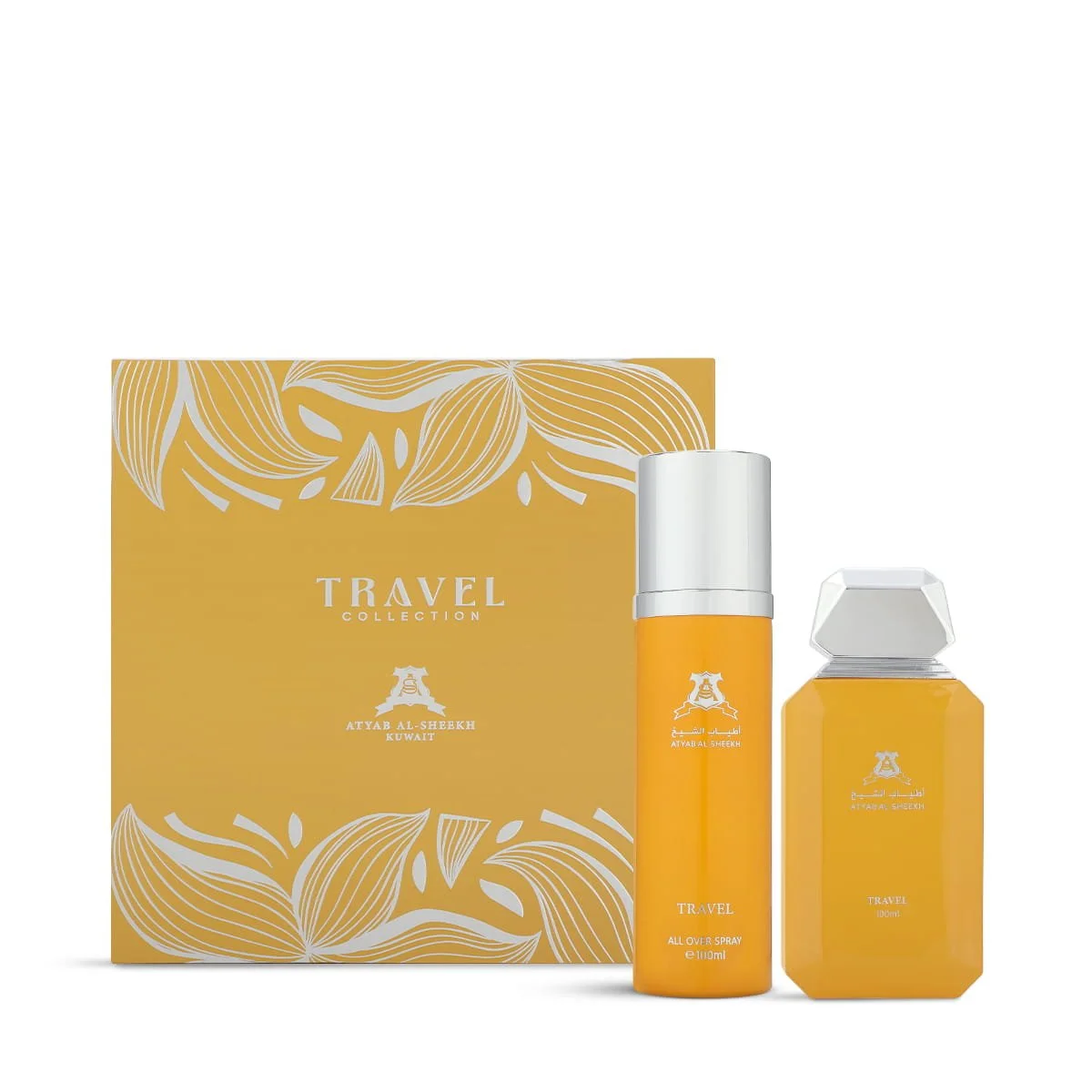 Atyab Al Sheekh Travel Collection products displayed in front of luxury gift box UK