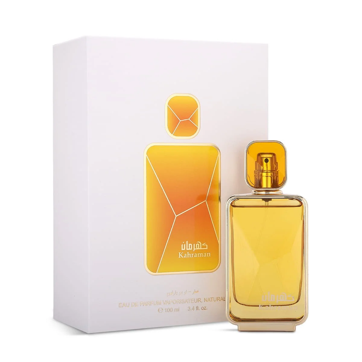 Arabian Oud Kahraman 100ml perfume displayed next to box, sweet fruity gourmand fragrance UK