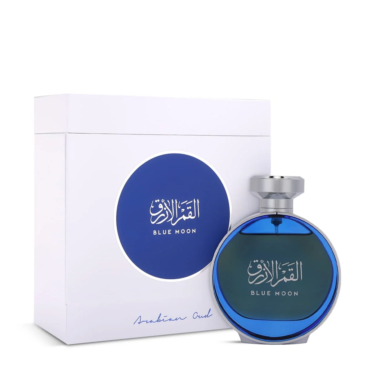 Arabian Oud Blue Moon 100ml perfume displayed next to box, luxury spicy oriental fragrance UK
