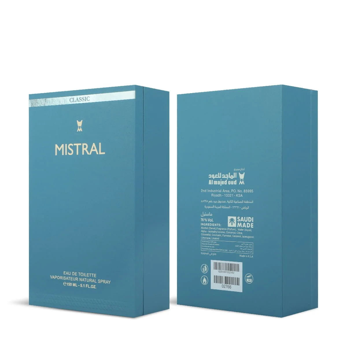 Front and back of Al Majed Oud Mistral perfume box, luxury packaging UK