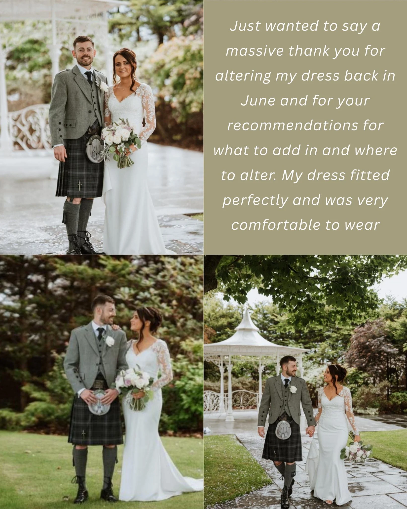 โจReview from Chloe โจ
" Just wanted to say a massive thank you for altering my dress back in June and for your recommendations for what to add in and where to alter. My dress fitted perfectly and was very comfortable to wear "
Thank you Ch