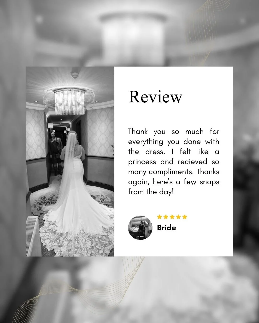 Bride Review 🥂&hearts;

 #BrideGoals #alterationservice #glasgowbridesmaiddress #brideconfidence #BrideFeedback #weddingdressmagic #weddingreviews #clienttestimonial #seamstresslife