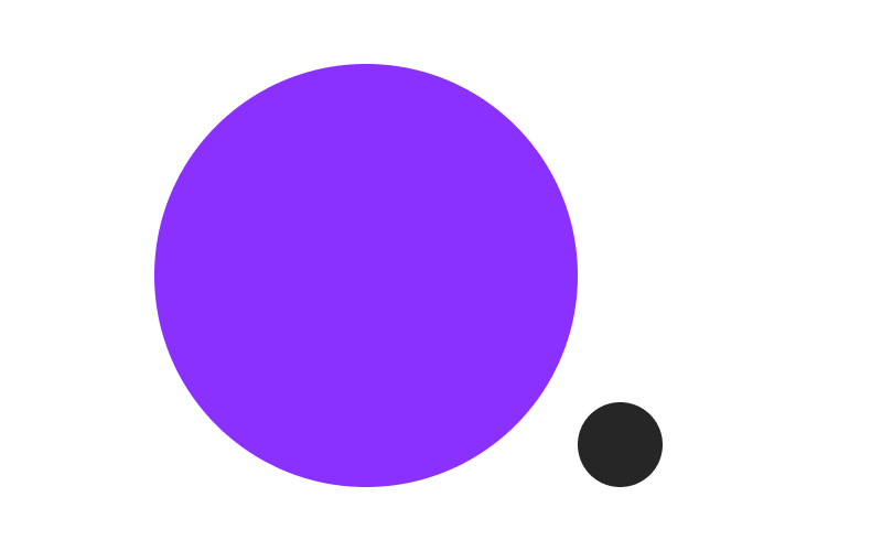 En del av Fredags visuelle profil med en stor lilla sirkel ved siden av en mindre og svart sirkel på hvit bakgrunn.