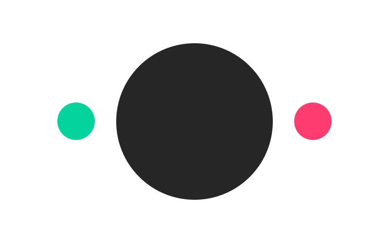 En grafisk fremstilling av tre sirkler - en liten grønn, en stor svart og en liten rosa sirkel på hvit bakgrunn. En del av byrået Fredags visuelle profil.