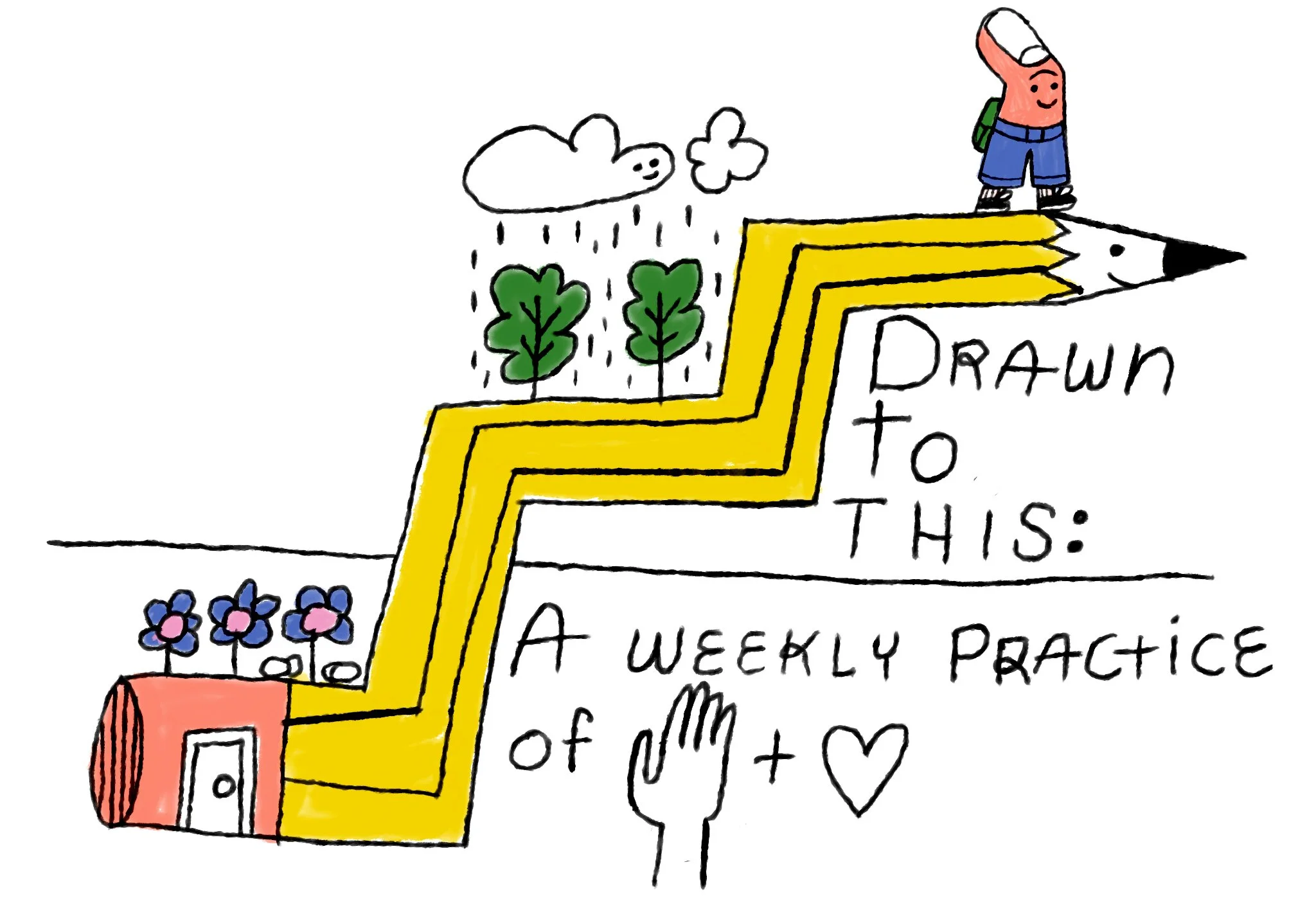 Drawn to This: A Weekly Practice of Head and Heart. Drawing of a stair-shaped pencil with the kranky thumb on the top stair looking out on the horizon.