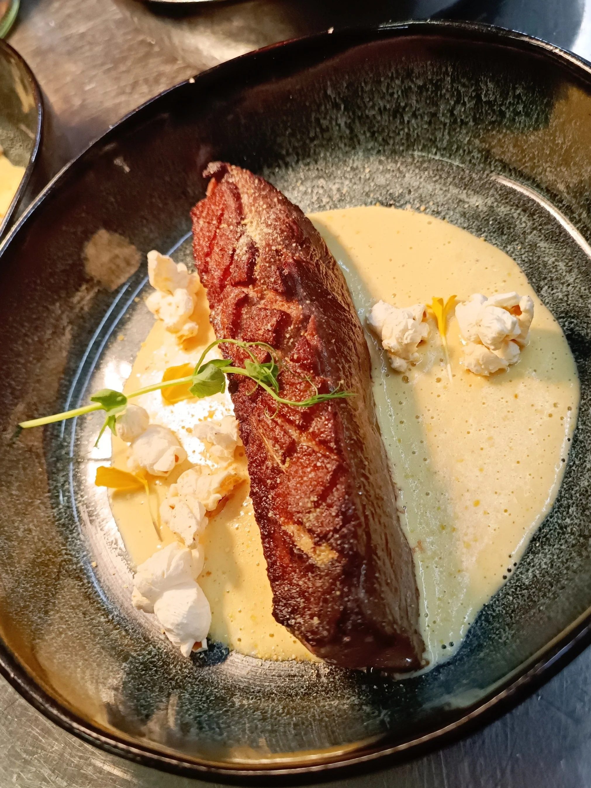 Assiette de magret de canard servie avec une sauce crémeuse et des garnitures comestibles.