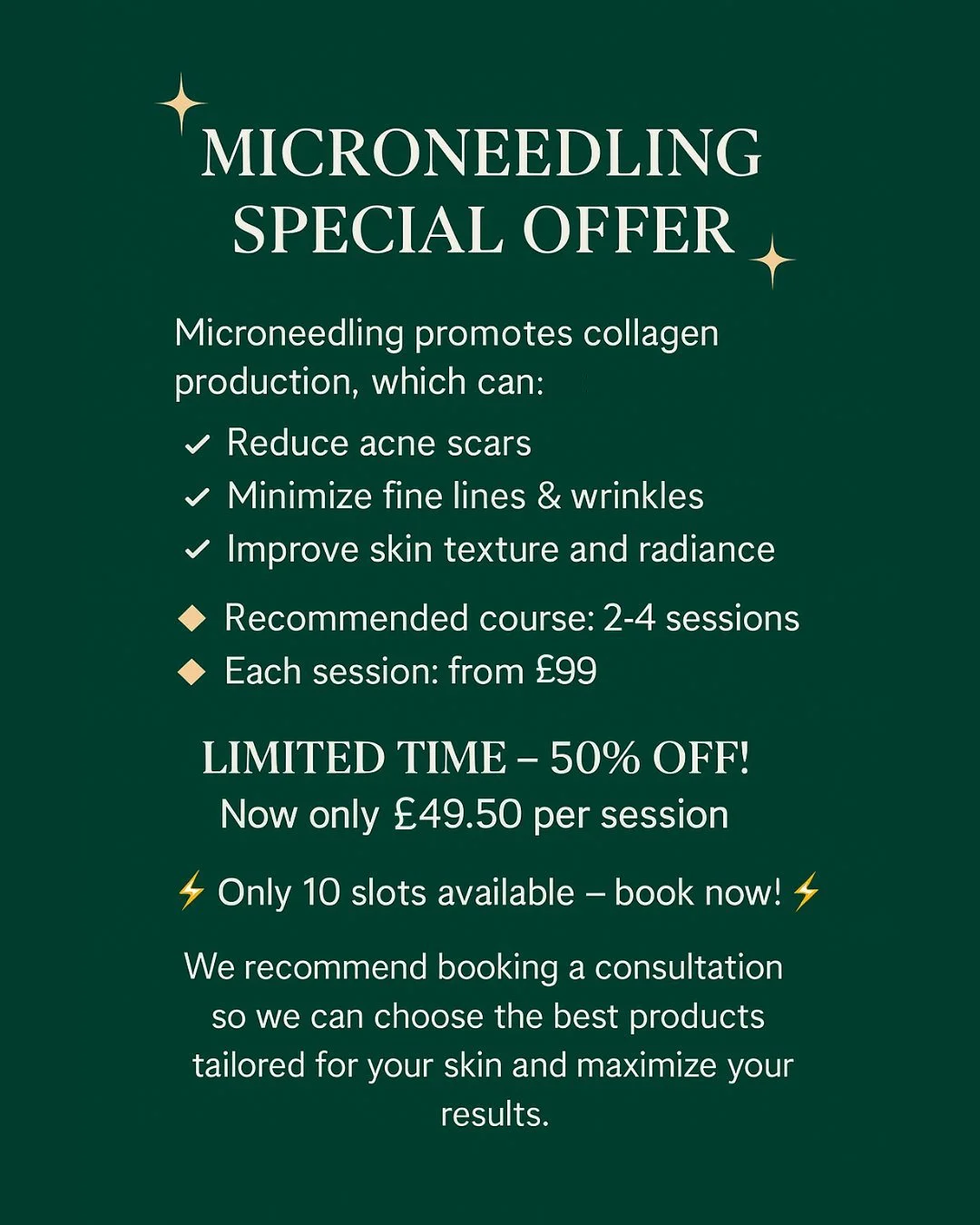 💚 We've been a bit quiet lately as we cook up some new offers and deals, and we're happy to announce the introduction of Weekly Deals! These deals will change every week, and will cover our entire range of cosmeceutical and aesthetic services here a