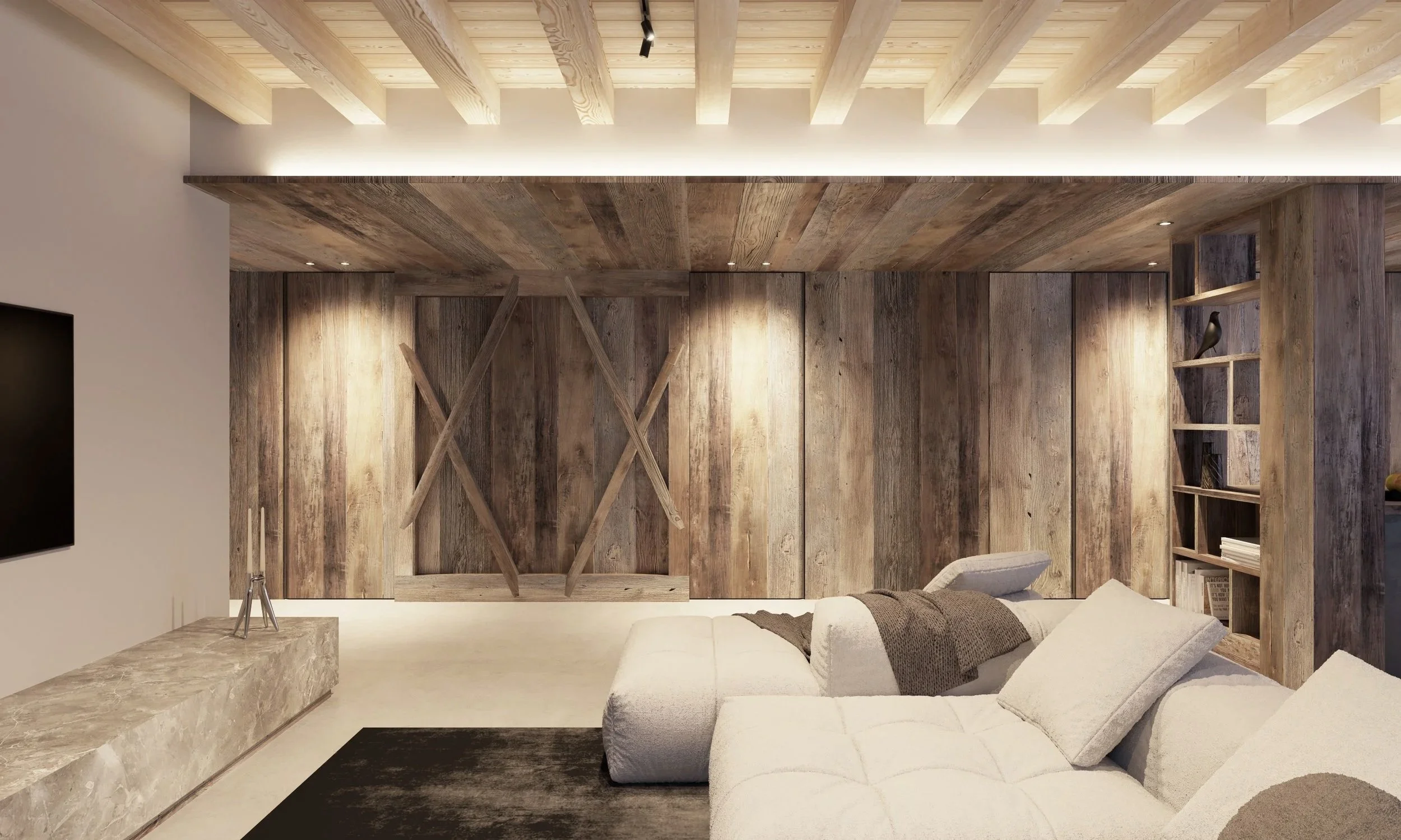 Interno di un soggiorno moderno con pareti in legno, un divano bianco con cuscini, uno scaffale di legno con decorazioni e un televisore a muro.