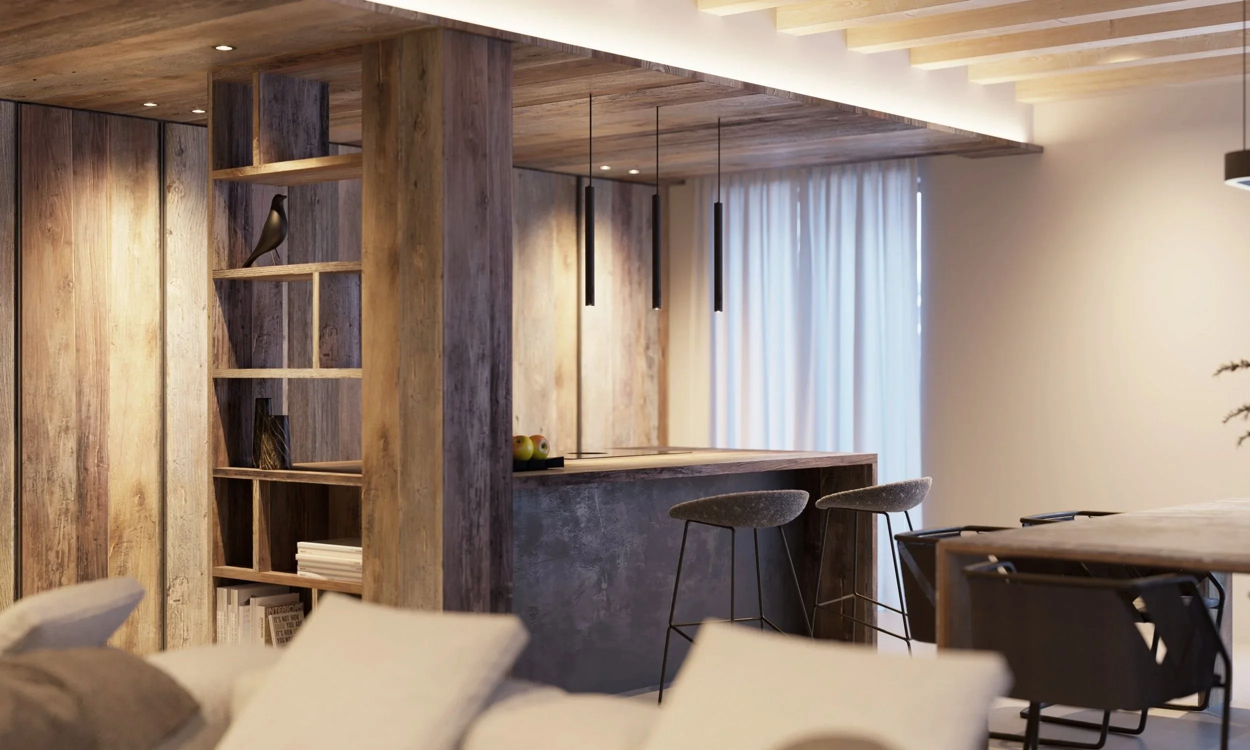 Interno di un appartamento moderno con cucina e zona pranzo, mobili in legno e illuminazione sospesa.