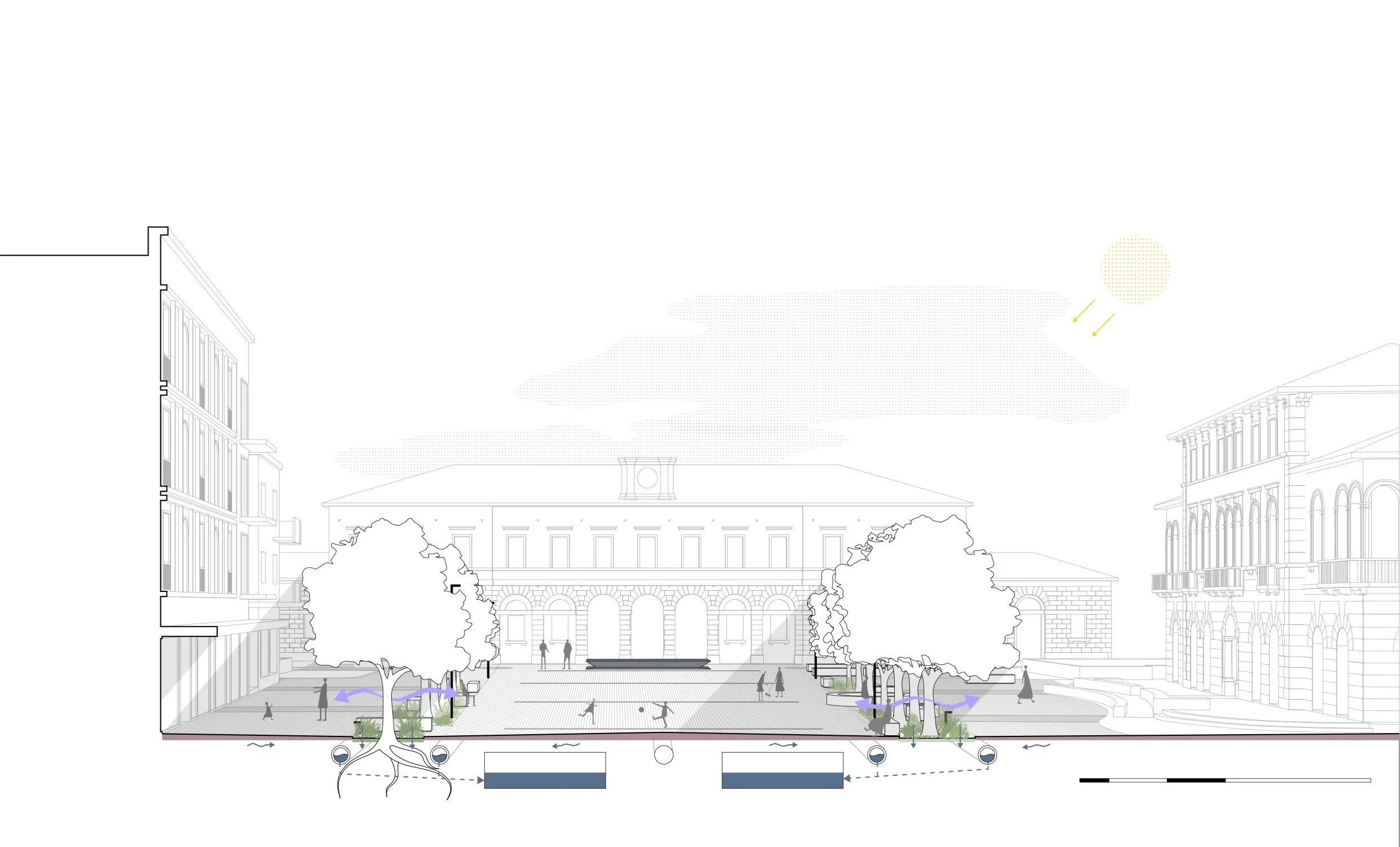 Schema di un progetto di riqualificazione di una piazza urbana con alberi, panchine e percorsi pedonali, con edifici storici sullo sfondo e il sole visibile nel cielo.