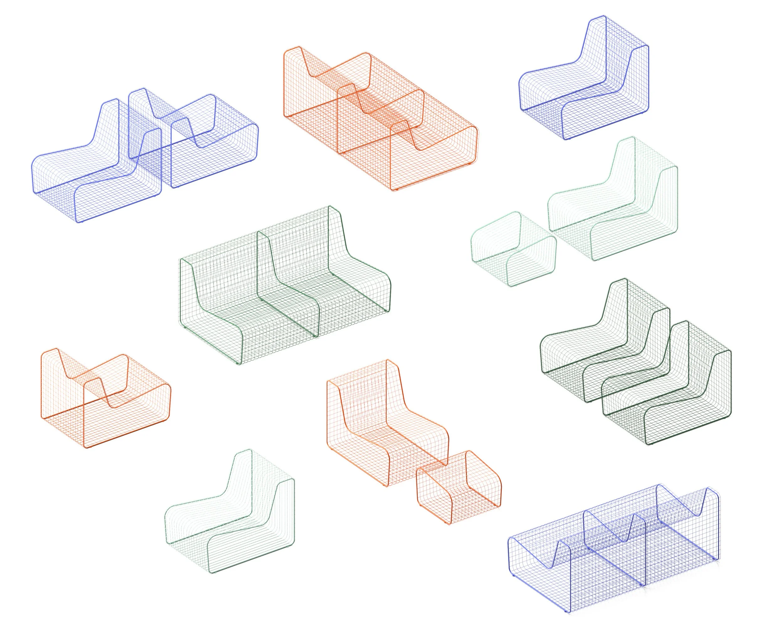Raggruppamenti di sedili in stile wireframe di vari colori, disposti in diversi modelli e configurazioni.