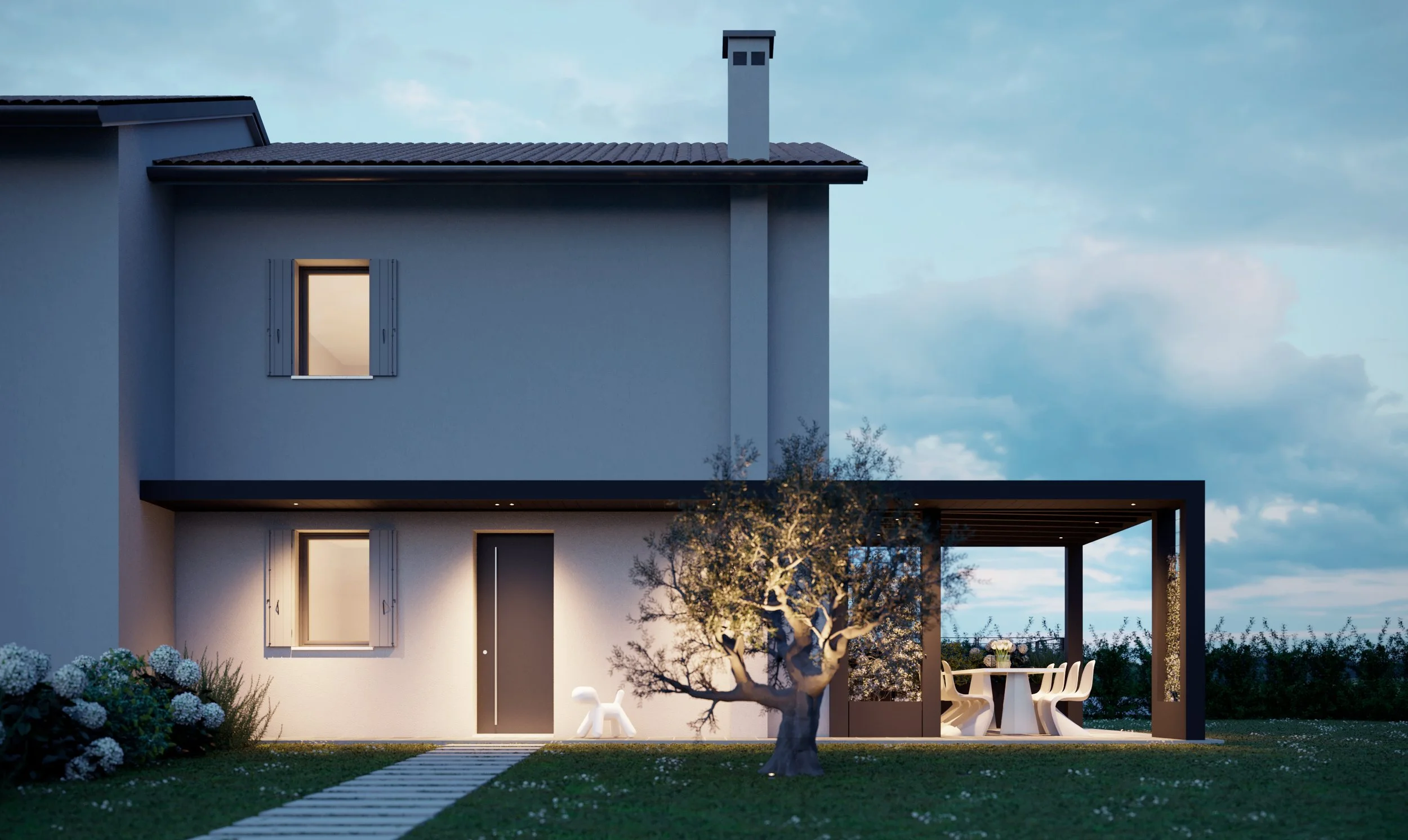 Casa moderna con illuminazione esterna, giardino con albero e tavolo da pranzo sotto pergolato, cielo serale
